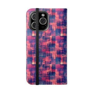 Abstract Pink Blue Grid Flip Case, Phone Wallet Cover - Stylish Phone Accessory - Picture 1 of 57