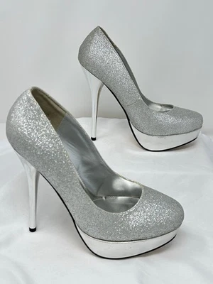 Lasonia Silver Glitter Platform Heels Sz 10 5.5” Metallic Party Shoes - Image 1 of 4