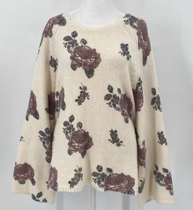Lucky Brand Pullover Damen Gr. XL Elfenbein Pflaume Rosen Print ausgestellte Ärmel U-Ausschnitt - Bild 1 von 14