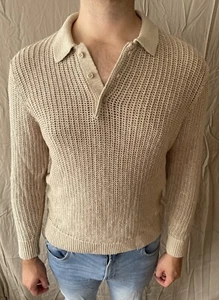 Abercrombie & Fitch Men's Tan Size L Long Sleeve 3-Button Crochet Sweater Polo - Picture 1 of 11