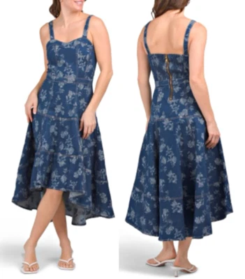 Jewel by Badgley Mischka Rose Print High-Low Denim Dress Rose Print  sz 16  $228 - Image 1 of 4