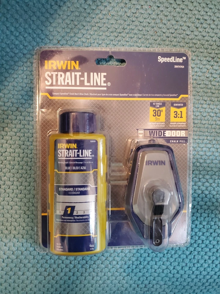 Irwin Straight Chalk Line Fast Retrieve Reel Combo Set 30 Ft Blue 4 Oz New - Image 1 of 3
