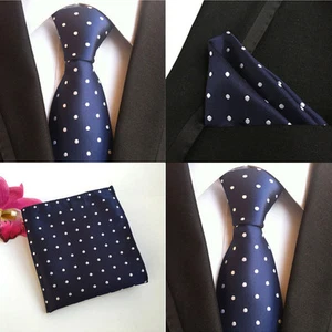 Men White Navy Blue Polka Dots Necktie Cravat Ascot Pocket Square Set Lot - Picture 1 of 6