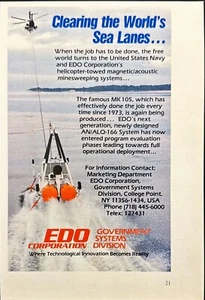 Helicóptero remolcado sistema de barrido de minas EDO EE. UU. Navy anuncio impreso de colección 1988 - Imagen 1 de 6