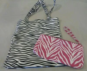 Lot 2 ZEBRA PRINT VINYL Black White TOTE Bag Pink White Zipper WRISTLET - Picture 1 of 3