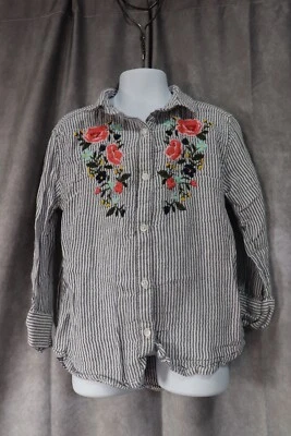 Antiguo bordado floral abotonado manga larga a rayas gris blanco para niñas XS Foto 1 de 4