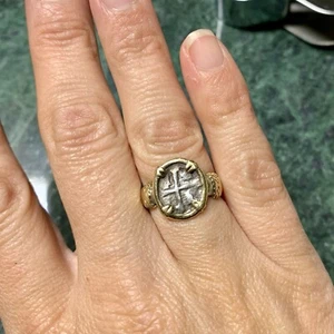 Spanish Replica Coin Ring - Sterling Silver 14K Yellow Gold Size 5 - Picture 1 of 11