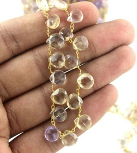 Cadena rosario chapada en oro, pera ametrina y cuentas en forma de corazón joyas de piedras preciosas - Imagen 1 de 6