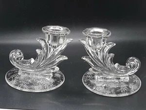 FOSTORIA CHINTZ CRYSTAL CANDLESTICKS 1-LITE PAIR 4'" Baroque scalloped rim - Picture 1 of 8