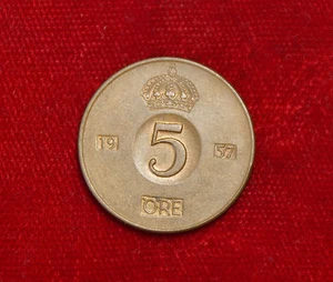 Gustaf VI Adolf Sveriges Konung 1957 5 Ore Coin Coin Sweden - Picture 1 of 2
