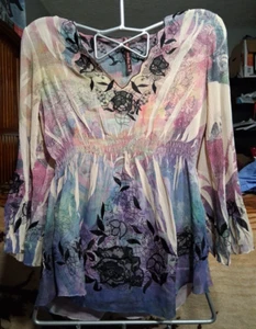 Mushka by Sienna Rose Y2K Tunic Blouse Pink/Mu Floral Sheer Long Sleeve-PM - Picture 1 of 7