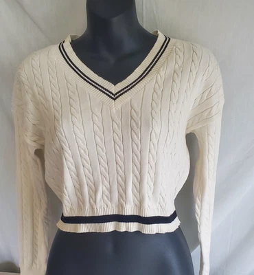 Suéter Tenis Willow Wind Recortado Marfil Cuello en V M Tejido por Cable Preppy Nuevo con Etiquetas Foto 1 de 4