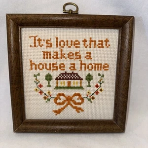 Embroidery "It's Love That Makes a House a Home" Wood Frame Vintage Complete EUC - Picture 1 of 12
