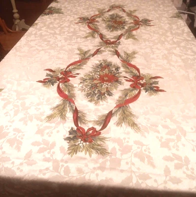 Lenox Tablecloth 58" X 118" Holiday Cotton Blend Christmas Cream Ribbon Holly - Image 1 of 4