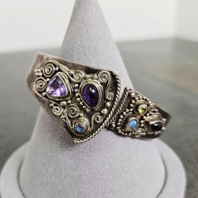Brazalete vintage Sajen plata esterlina piedras preciosas ónix peridoto amatista Foto 1 de 4