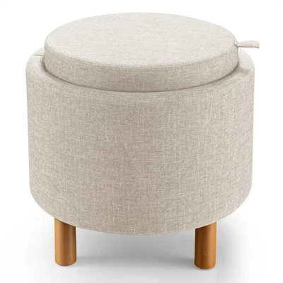 Costway Round Storage Ottoman w/Wood Leg w/Tray Top Accent Padded Footrest Beige - Image 1 of 4