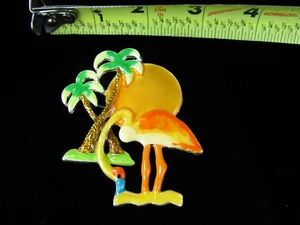 Brooch Pin + Necklace Flamingo Palms Sunset Enamel MJ Signed Vintage Beach Nice! - Picture 1 of 7