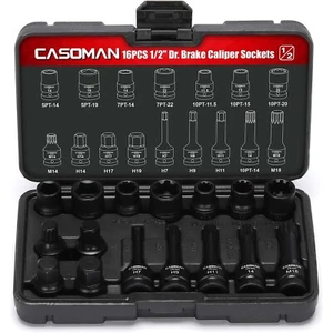 16PCS 1/2" Drive Impact Brake Caliper Socket Set 5PT 7PT 10PT M14 M18&Hex Socket - Picture 1 of 7