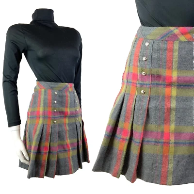 VINTAGE 60s 70s GREY YELLOW RED PLAID CHECKED MOD PREPPY PLEATED SHORT SKIRT 8 - Image 1 of 4