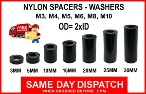 Nylon Spacers Black Plastic Standoff Washers M3 M4 M5 M6 M8 M10, ODia= 2x IDia - Picture 1 of 9