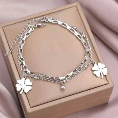 Armband Kleeblatt Damenarmband Frauenarmband Edelstahl Doppelkette Geschenk - Bild 1 von 4