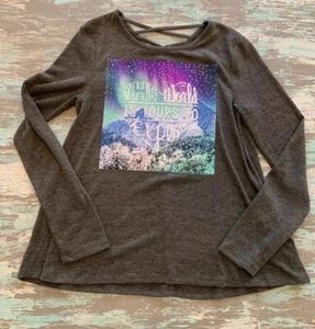 14 Justice Girls Gray Sweater "The World . . ." Criss Cross Back Long Slee - Picture 1 of 6