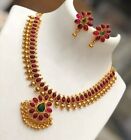 Designer Temple Set Bridal Matte Gold Plated Necklace South Indian Kempu Jewelry