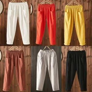 Women Cotton Linen Harem Pants Loose High Waist Elastic Ankle-length Pant M-4XL` - Picture 1 of 17