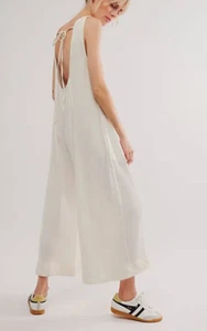 FREE PEOPLE FP ONE TOFU WHITE CALLIE WIDE LEG WAFFLE ONE PIECE JUMPSUIT SZ M - Picture 1 of 9