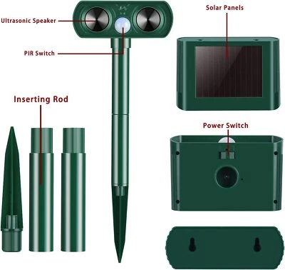 Solar Ultrasonic Garden Deterrent Animal Repeller Bird Cat Pest Squirrels Fox UK