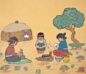 Vtg PICTORIAL SAND PAINTING: NA Family Making Bread, Jewelry by Fire & Hogan - Picture 1 of 10