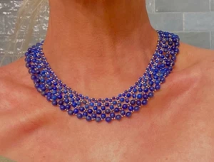 Rare Vintage Shube Dakota West Sterling Lapis Lazuli Woven Mesh Collar Necklace - Picture 1 of 5