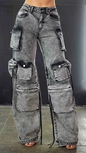 WFFS Streetwear Baggy Fit Cargo Jeans Grey Wash Dark Denim Women’s Size Small - Picture 1 of 18