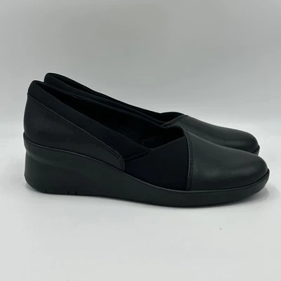 Zapatos sin cordones Clarks Suttyn Walk de cuero negro con cuña para mujer talla 8,5 cómodos nuevos con etiquetas Foto 1 de 4