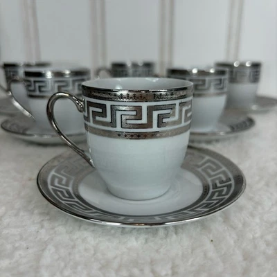 Juego de tazas y platillos de café espresso Joseph Sedgh diseño de llave griega plateada juego de 6 piezas Foto 1 de 4