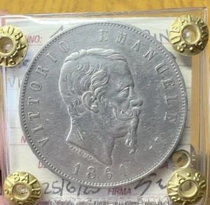 Kingdom Of Italy Vittorio Emanuele II 5 Lire 1861 Turin Very Rare Sealed BB+ - Picture 1 of 3