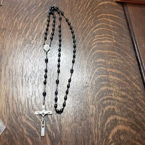 Rosario argento sterling perline nere religione cattolica regalo vintage - Foto 1 di 5