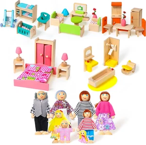 52 Pcs Wooden Dollhouse Furniture Set Miniature Doll House with Dolls 1:12 Scale - Picture 1 of 8