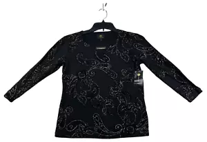 JM Collection Blouse Womens Size Petite Petite Black Floral Embellished New - Picture 1 of 7