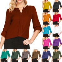 Women's V-Neck T-Shirt Chiffon Blouses Long Sleeve Loose Casual Tops Pullovers