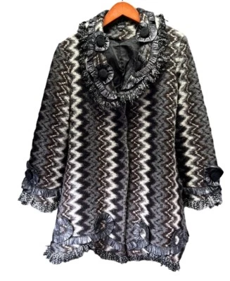 FANTAZIA Wool Blend Coat Snap Ruffles Fringe Women L Midi Length Argyle - Image 1 of 4