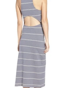 New ROXY Open Back Midi Dress Striped Blue Ivory Cream Bodycon Beach Maxi Sz M - Picture 1 of 15