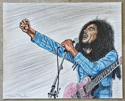 BOB MARLEY TINTA DE ARTE ORIGINAL Y LÁPIZ DE COLORES DIBUJO ARTISTA FIRMADO ICONO LEYENDA Foto 1 de 4