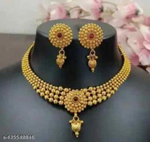 Gold Plated Jhumka Earrings Indian Bollywood Choker Necklace set Bridal Jewelry - Picture 1 of 5
