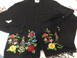 SZ S/Sweater Cardigan HAND-CRAFTEDEmbroidered.Jewels.Elegant- Slenderizing Black - Picture 1 of 14