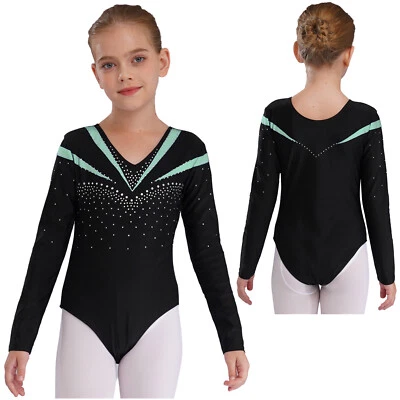 Kid Girls Shiny Rhinestone Long Sleeve Gymnastics Leotard Ballet Dance Dancewear - Image 1 of 4