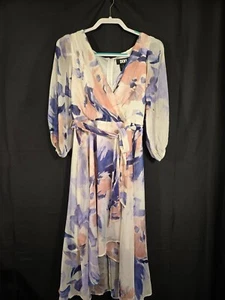 DKNY Floral Print Wrap Midi Dress Color White Blue Pink Size 10 Women's - Picture 1 of 10
