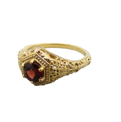 Victorian Inspired Sterling Silver Ring Vermeil Red Stone 4.28 Grams Size 9 BBJ - Image 1 of 4