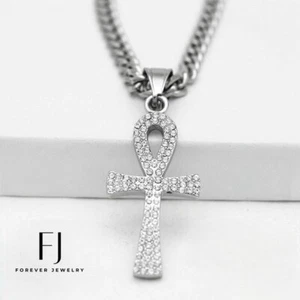 Men's 24" Cuban Chain.ANKH CROSS CZ Pendant,Stainless-Steel.High Polish Box - Picture 1 of 4