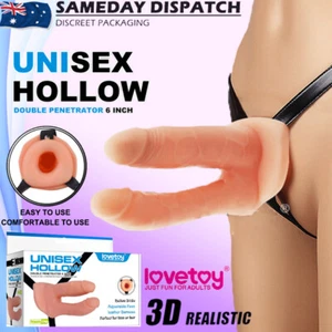 6" Unisex Hollow Strap On Double Penetration Dildo Dong Harness Adult Sex Toy - Picture 1 of 8